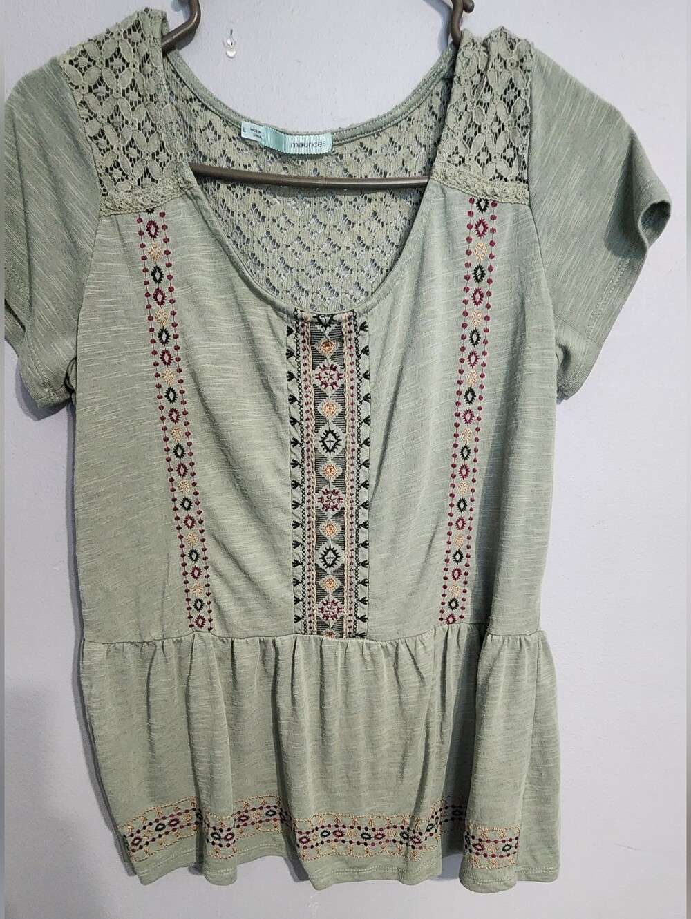 Maurices Sage Green Embroidered Peplum Tunic Size L